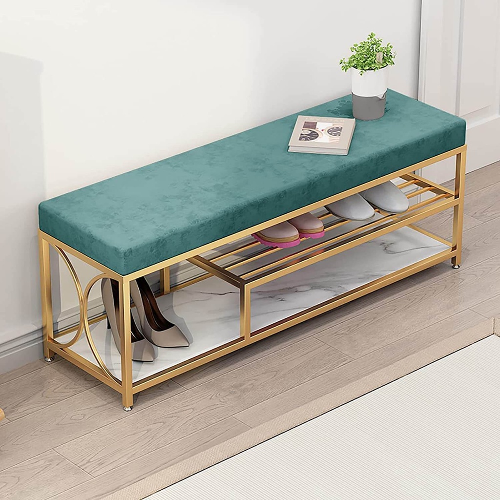 Ghế Ngồi Mang Giày 2 Tầng Màu Xanh Chân Sắt Sơn Vàng LHS-9840