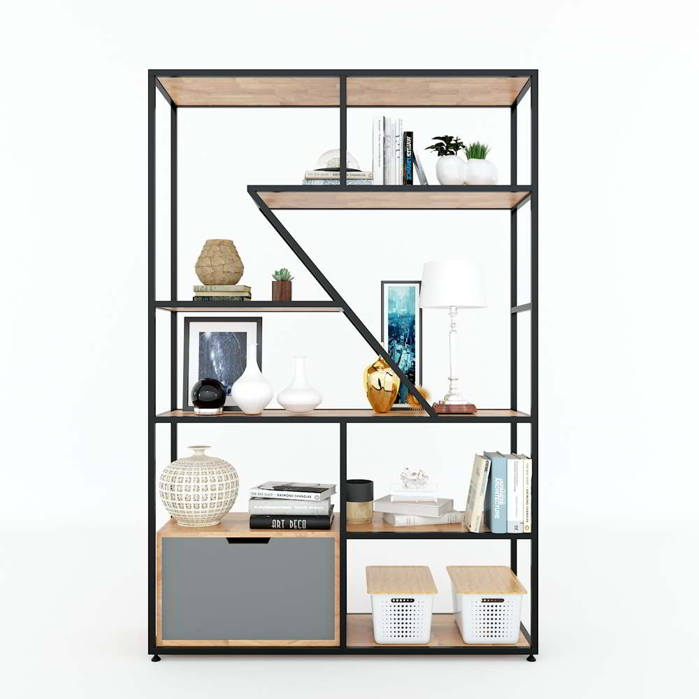 Kệ trang trí khung sắt có tủ dưới gỗ MDF LHS-8479