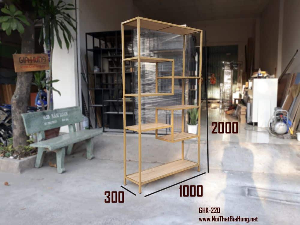 Kệ trang trí khung sắt sơn tĩnh màu đồng mặt gỗ LHS-5545