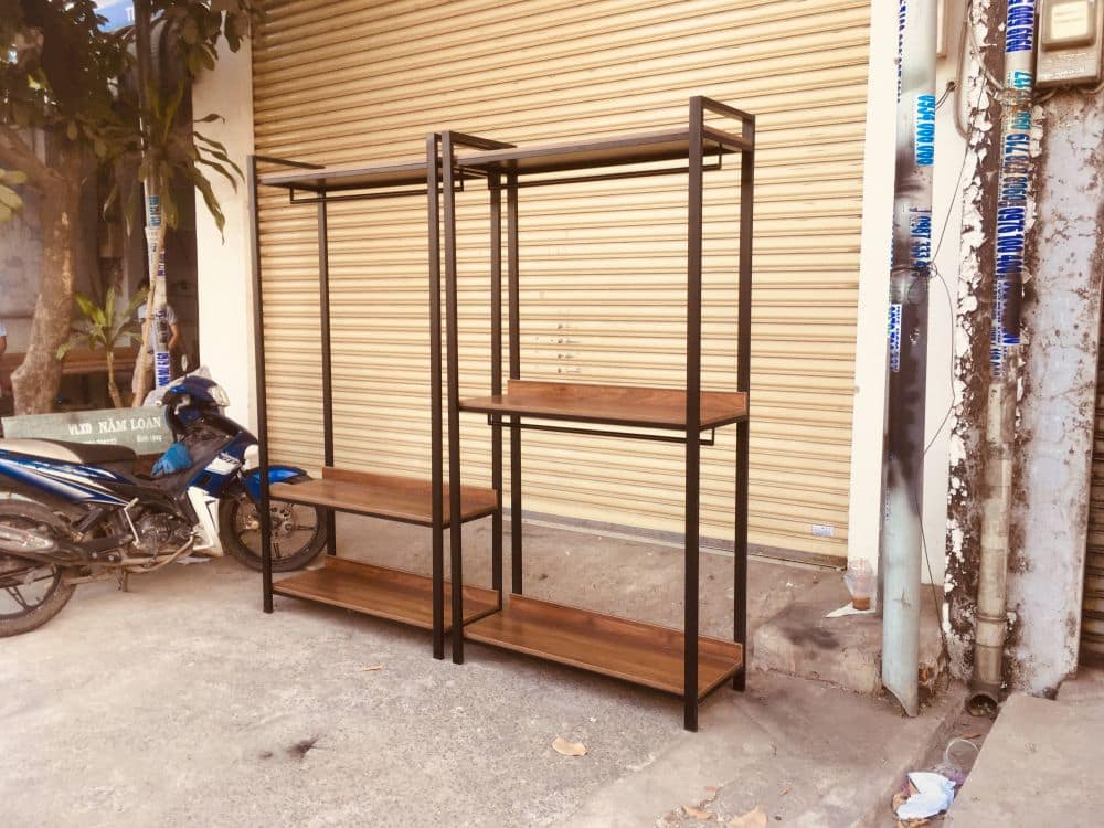 [LHS-4010] Bộ kệ treo quần áo khung chân sắt mặt gỗ LHS-4010