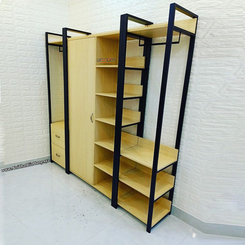 [LHS-3759] Kệ tủ treo quần áo khung chân sắt mặt gỗ LHS-3759